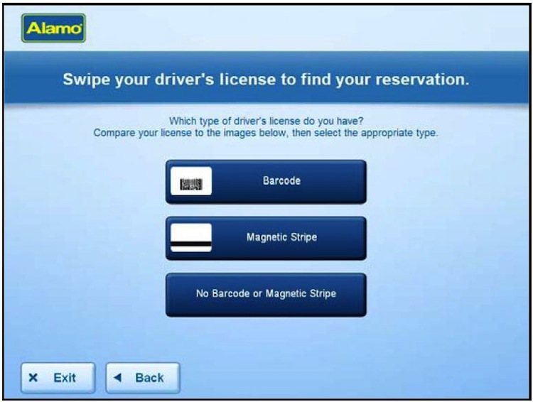 Enter your driving license details at the Alamo kiosk
